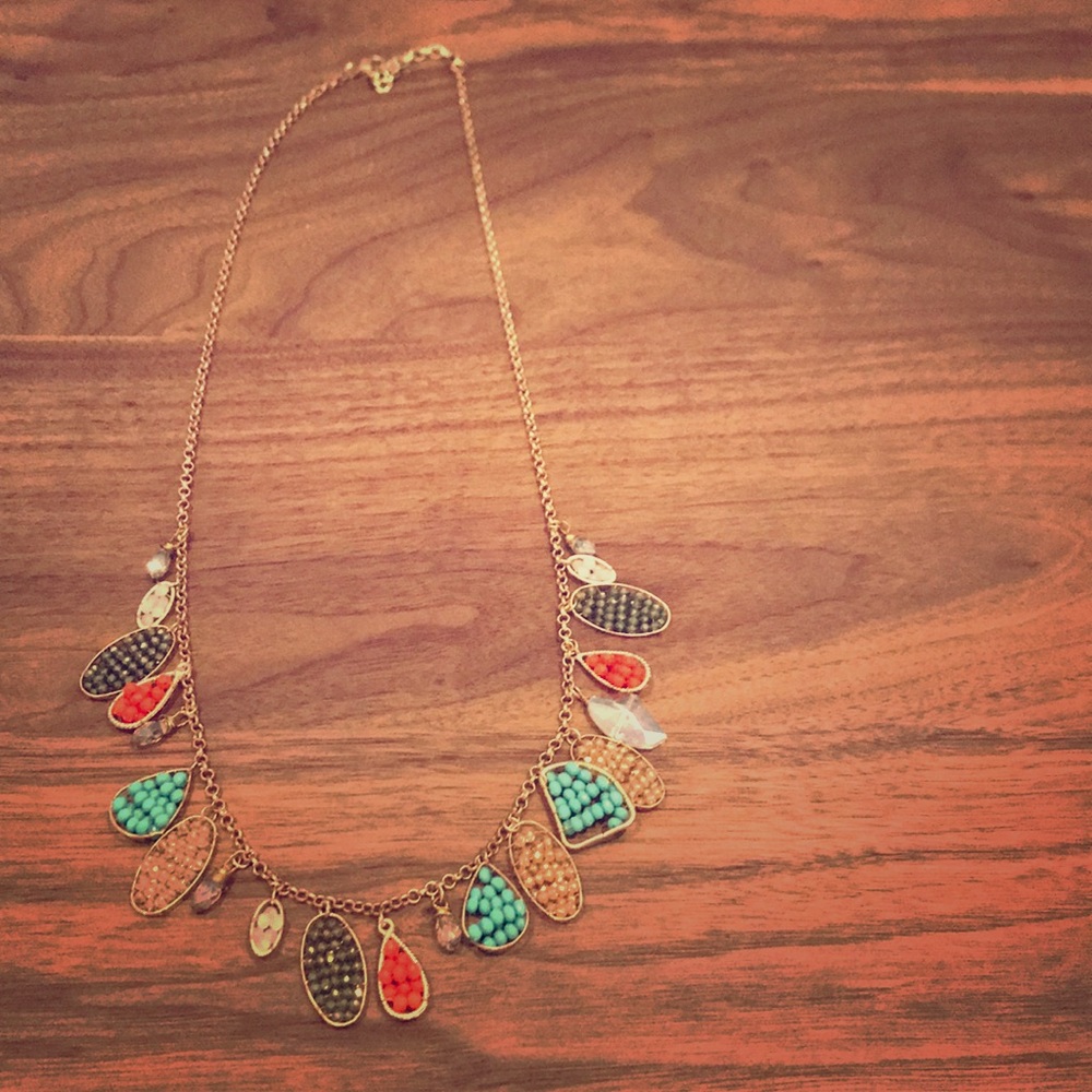💜 teal, peach, gold necklace